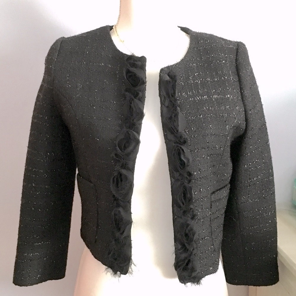AQUA by Bloomingdales Black Cropped Classic Style Sparkly Jacket, sz S